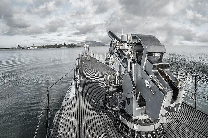 Battleships of WWII at Pearl Harbor from Big Island - Punchbowl and downtown Honolulu